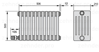 Схема (чертеж) Радиатор Zehnder Charleston 6050/11 №V003 Белый глянцевый RAL 9016